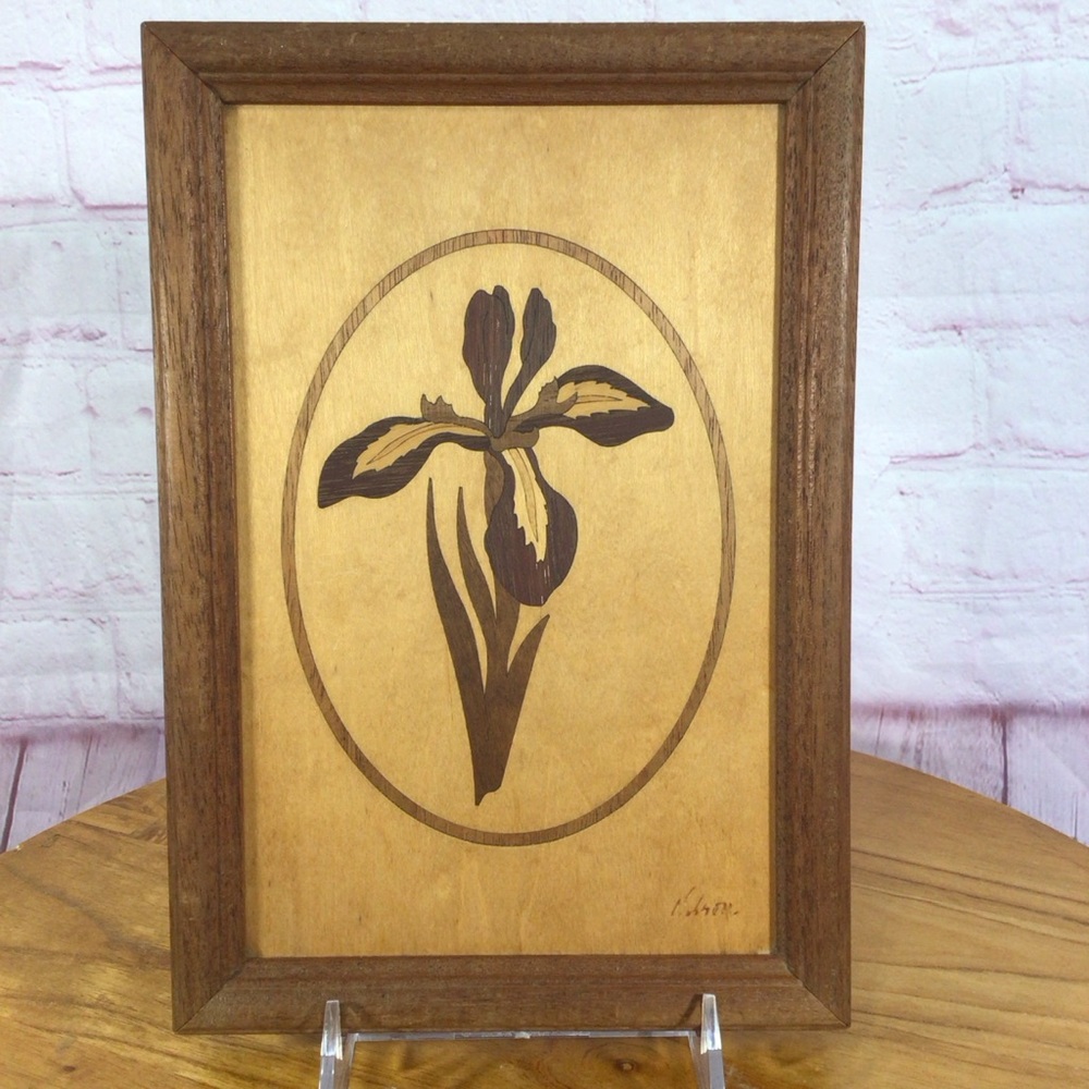 Vintage Inlay Wood Iris Flower Wall Decor Artist Signed
